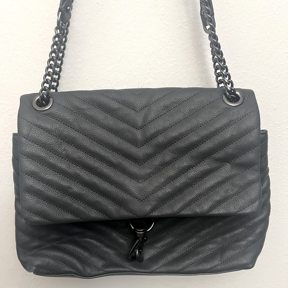 REBECCA MINKOFF Dark Gray Steel Edie Quilted Leather Flap Chain Shoulder Bag